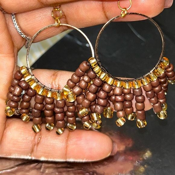 Chic Gold and Brown Beaded Hoop Earrings - Picture 3 of 4